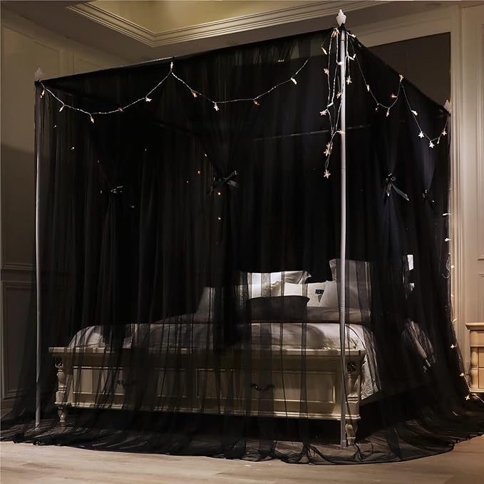 VETHIN 4 Corners Post Princess Bed Canopy Curtain Double Layer Cozy Drape Netting 4 Opening Mosquito Net for Girls & Adults Bedroom Decoration Accessories (Double Black, 47" W*78" L*82"*H/Twin)