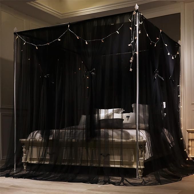 VETHIN 4 Corners Post Princess Bed Canopy Curtain Double Layer Cozy Drape Netting 4 Opening Mosquito Net for Girls & Adults Bedroom Decoration Accessories (Double Black, 59" W*82" L*82"*H/(Queen))
