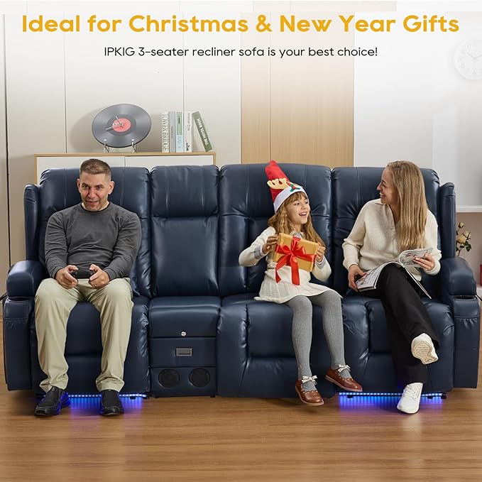 IPKIG 89" Power Reclining Loveseat Sofa, Electric Home Theater Seating with Console/4 Colors Ambient Lighting/Bluetooth Speakers/USB Ports/Built-in Outlets (Blue, 3-Seater with Console)