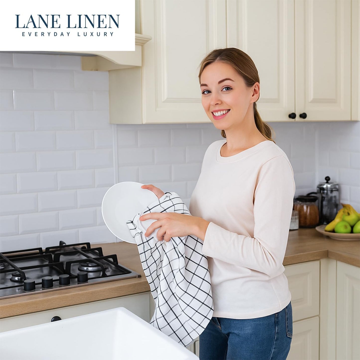 LANE LINEN Kitchen Towels Set – Pack of 6 Cotton Dish Cloths, 18”x28”, Soft & Quick-Drying Tea Towels for Cleaning – Black