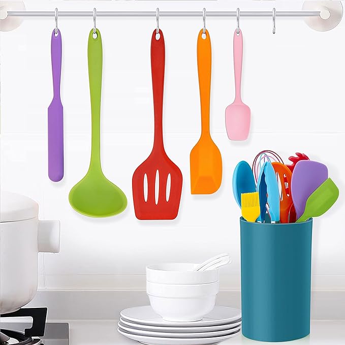 LIANYU 14 Pcs Cooking Utensils Set with Holder, Silicone Kitchen Cookware Utensils Set, Heat Resistant Cooking Gadget Tools Includes Spatula Spoon Turner Whisk Tong, Dishwasher Safe, Colorful