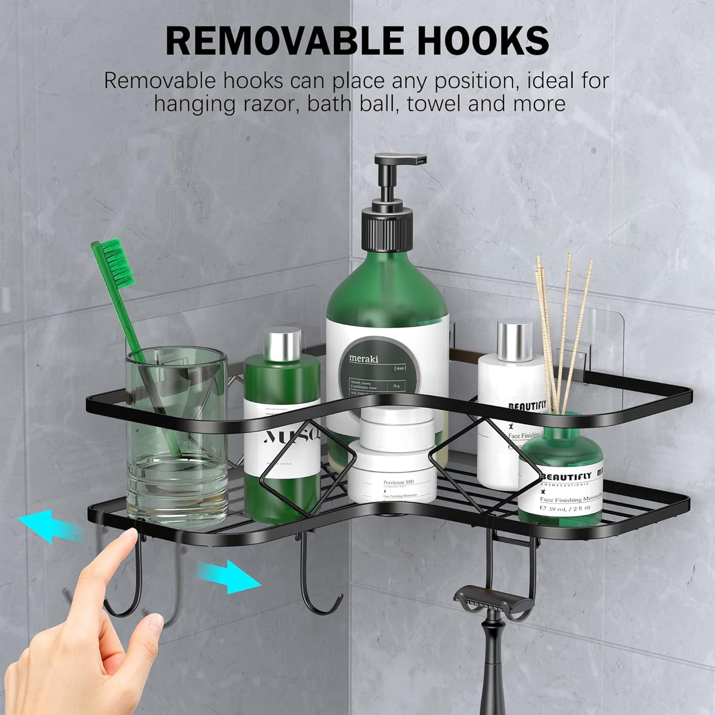 Kadolina Large Corner Shower Caddy, 2 Pack Adhesive Bathroom Shower Organizer Shelves, No Drilling Rustproof Wall Mounted Shower Storage Basket Shampoo Holder Organizer (Black)