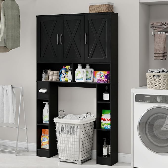Over The Toilet Storage Cabinet, Farmhouse Toilet Cabinet Rack with 3 Barn Doors, Space Saving Bathroom Organizer with Shelves, Toilet Paper Holder and Towel Rack for Bathroom,Restroom,Pure Black