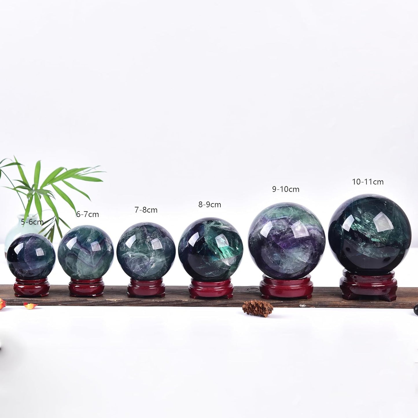 JIC Gem Colorful Fluorite Crystal Ball with Wooden Stand Healing Crystal Sphere Ball for Feng Shui Decor Spiritual Gifts 70-80mm