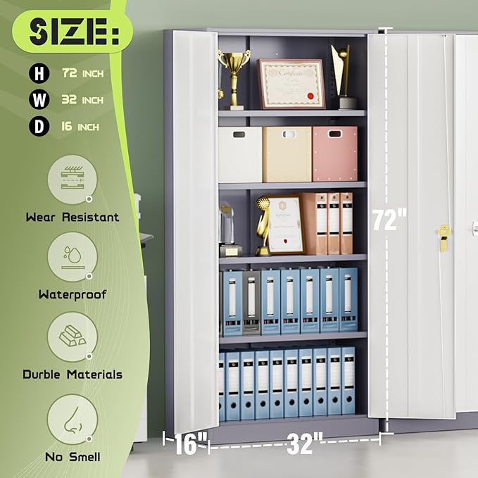 SUNCROWN 72" Metal Storage Cabinet - Heavy-Duty Metal Garage Cabinet with 4 Adjustable Shelves & 2 Doors for Tools, Office, Home, Workshop,Grey & White-Small