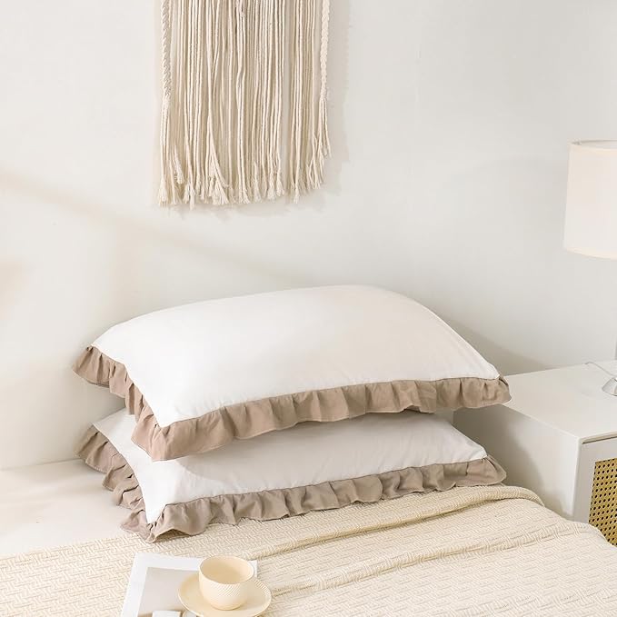 Merryword Taupe Pillow Shams White and Taupe Reversible Standard Pillowcases Cute Pillow Cover Set of 2 Soft Shabby Chic Ruffled Pillowcases 2 Pack (Queen (20''x30''), White Taupe)