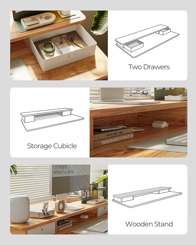 FEZIBO 60 x 24 Inch Height Adjustable Electric Standing Desk with Double Drawer, Computer Desk, Home Office Stand Up Table with 4 Height-Adjustable Feets & 2 Hooks, Light Rustic