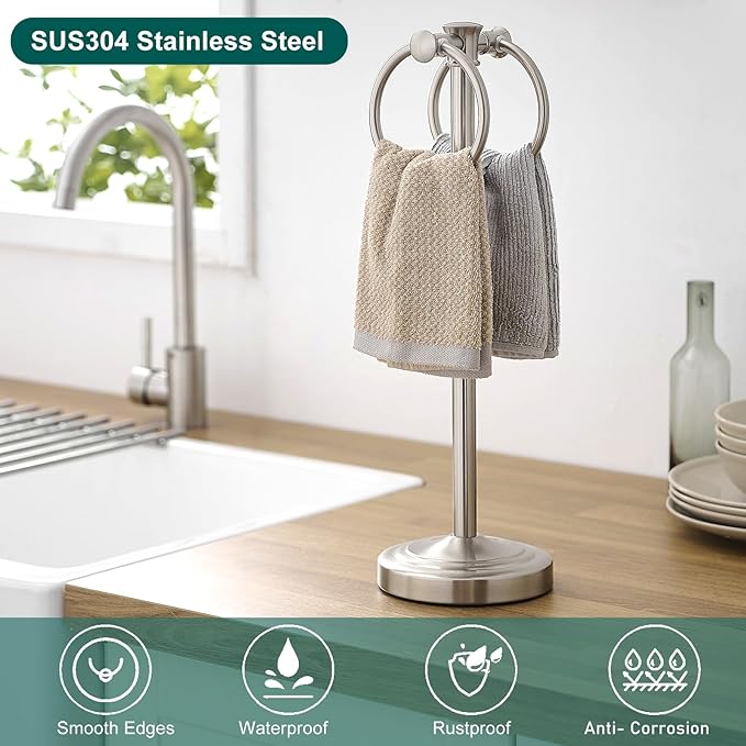 Hoimpro 17" Brushed Nickel Standing Towel Rack Bracket, Double Towel Ring Hand Towel Free Stand Holder Bathroom Hardware Accessories Set, Towel Bar for Bathroom Vanities and Kitchen Countertops