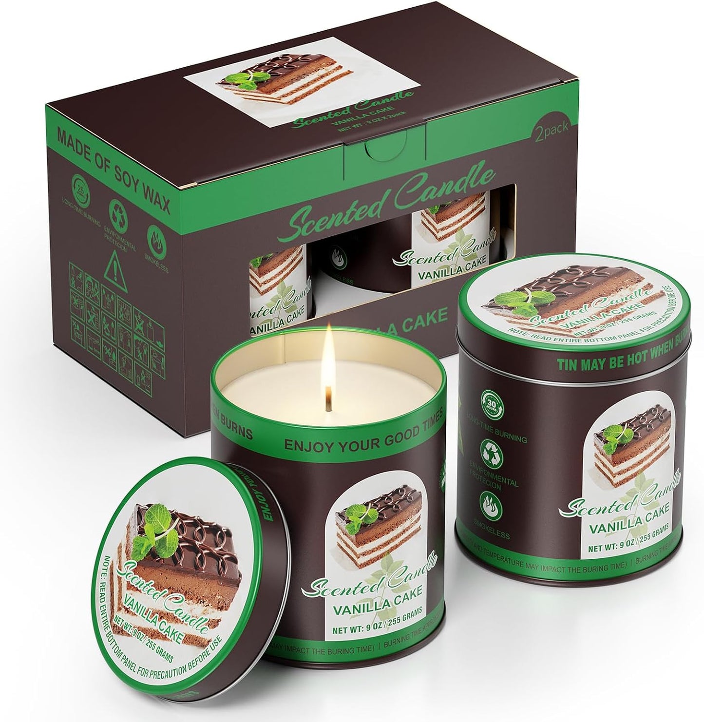 Premium Vanilla Cake Scented Soy Wax Candles Set | 2Pack 8% Essential Oils,80 Hrs Burn Time,Clean Burning&Smoke-Free| Aromatherapy Jar Tin Candle for Home, Relief & Sleep | Gift Set of Men&Women