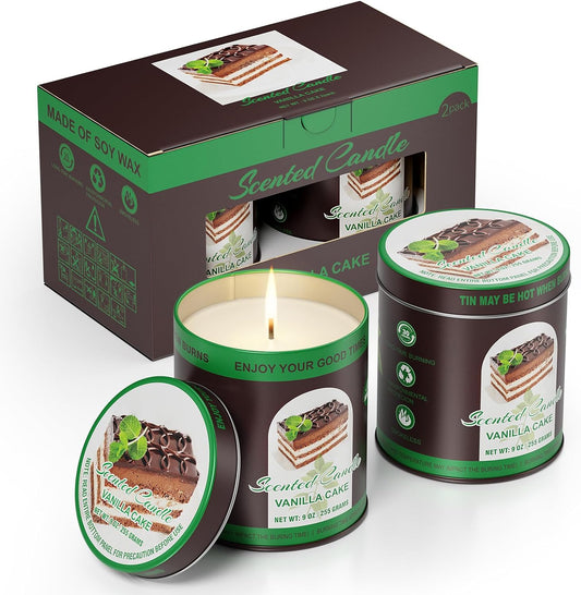 Premium Vanilla Cake Scented Soy Wax Candles Set | 2Pack 8% Essential Oils,80 Hrs Burn Time,Clean Burning&Smoke-Free| Aromatherapy Jar Tin Candle for Home, Relief & Sleep | Gift Set of Men&Women