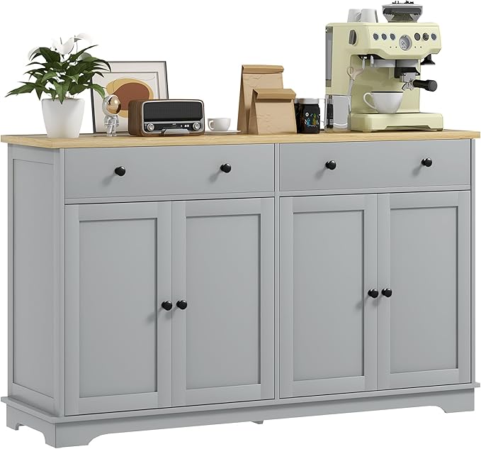HOMCOM Sideboard Buffet Cabinet with Storage, 55" Modern Kitchen Cabinet with 4 Doors, 2 Drawers and 2 Adjustable Shelves, Coffee Bar, Gray