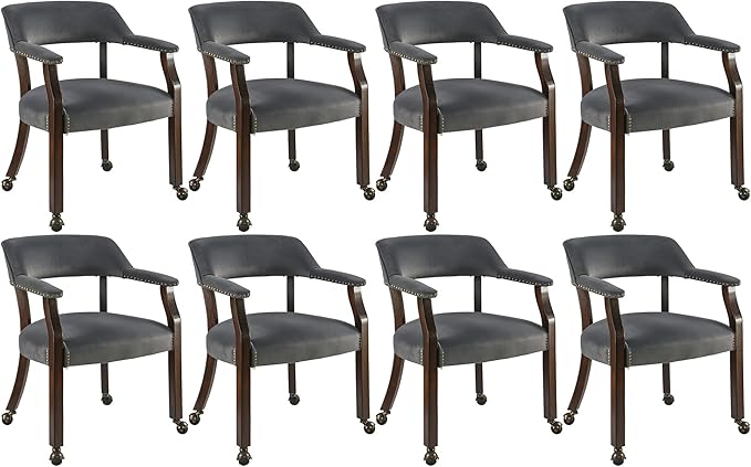 Dinning Chairs with Wheels and Arms Set of 8, Solid Wood Office Desk Chairs with Frosted Velvet Upholstered, Classic Swivel Accent Chairs, 31.5" H Boss Caption's Chair, Periwinkle XXY-HT22-PW