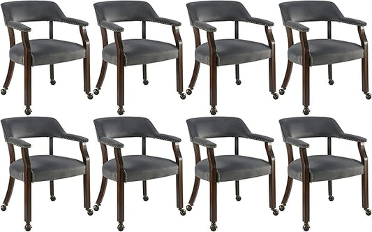 Dinning Chairs with Wheels and Arms Set of 8, Solid Wood Office Desk Chairs with Frosted Velvet Upholstered, Classic Swivel Accent Chairs, 31.5" H Boss Caption's Chair, Periwinkle XXY-HT22-PW