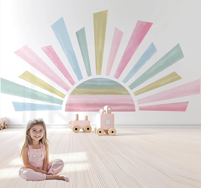 Large Boho Half Sun Wall Decals, Sunshine Peel and Stick Fabric Nursery Wall Decor, Removable Home Room Decor Murals Stickers for Kids Girls Toddler Bedroom Living Room Playroom