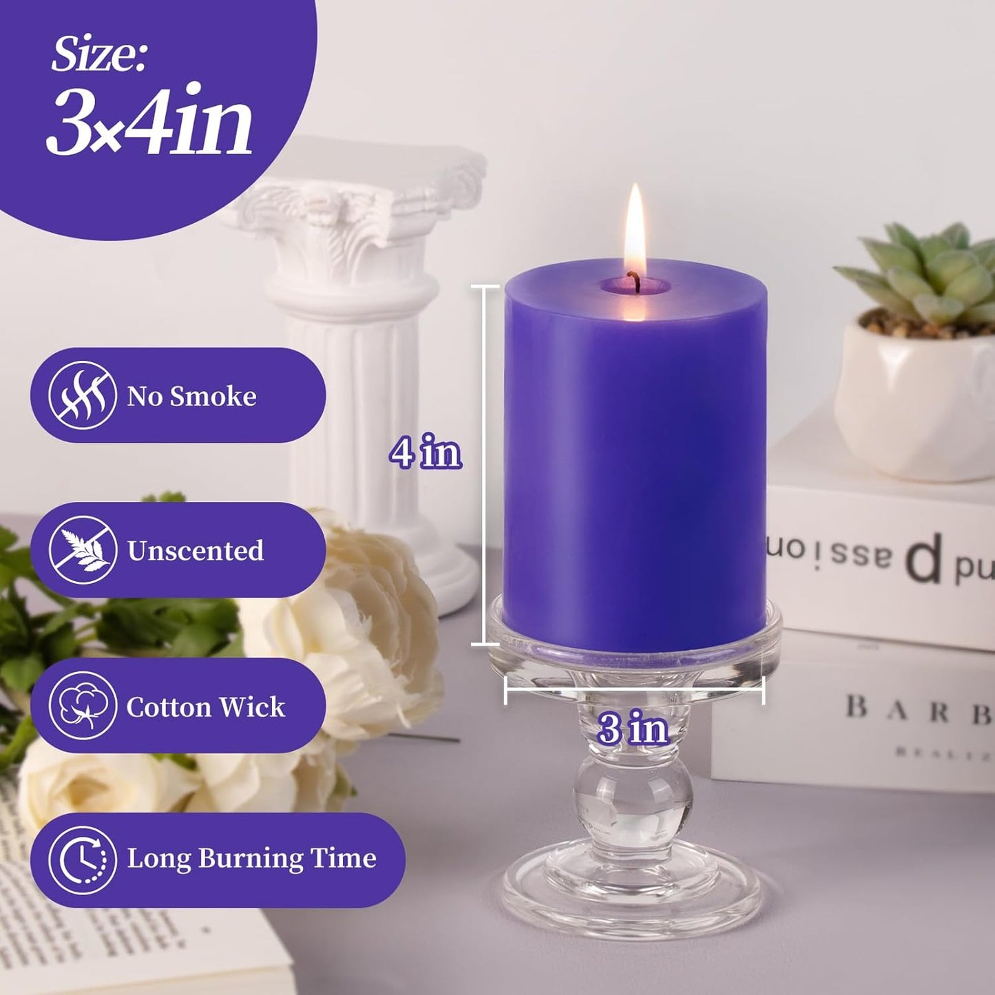 KONNI Violet Pillar Candles Set of 3, 3"x 4" Unscented Pillar Candles Bulk, 39 Hours Long Burning Candles, Smokeless and Dripless Large Round Candle for Wedding, Home Decoration, Parties, Spas, Dinner