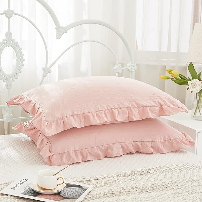 Pink Pillowcases King Pillowcases Ruffled Pillow Shams Set of 2 Cute Pillowcases Solid Ruffled Fringe Design Baby Pink Shabby Chic Pillowcases 2 Pack (King (20''x36''), Pink)