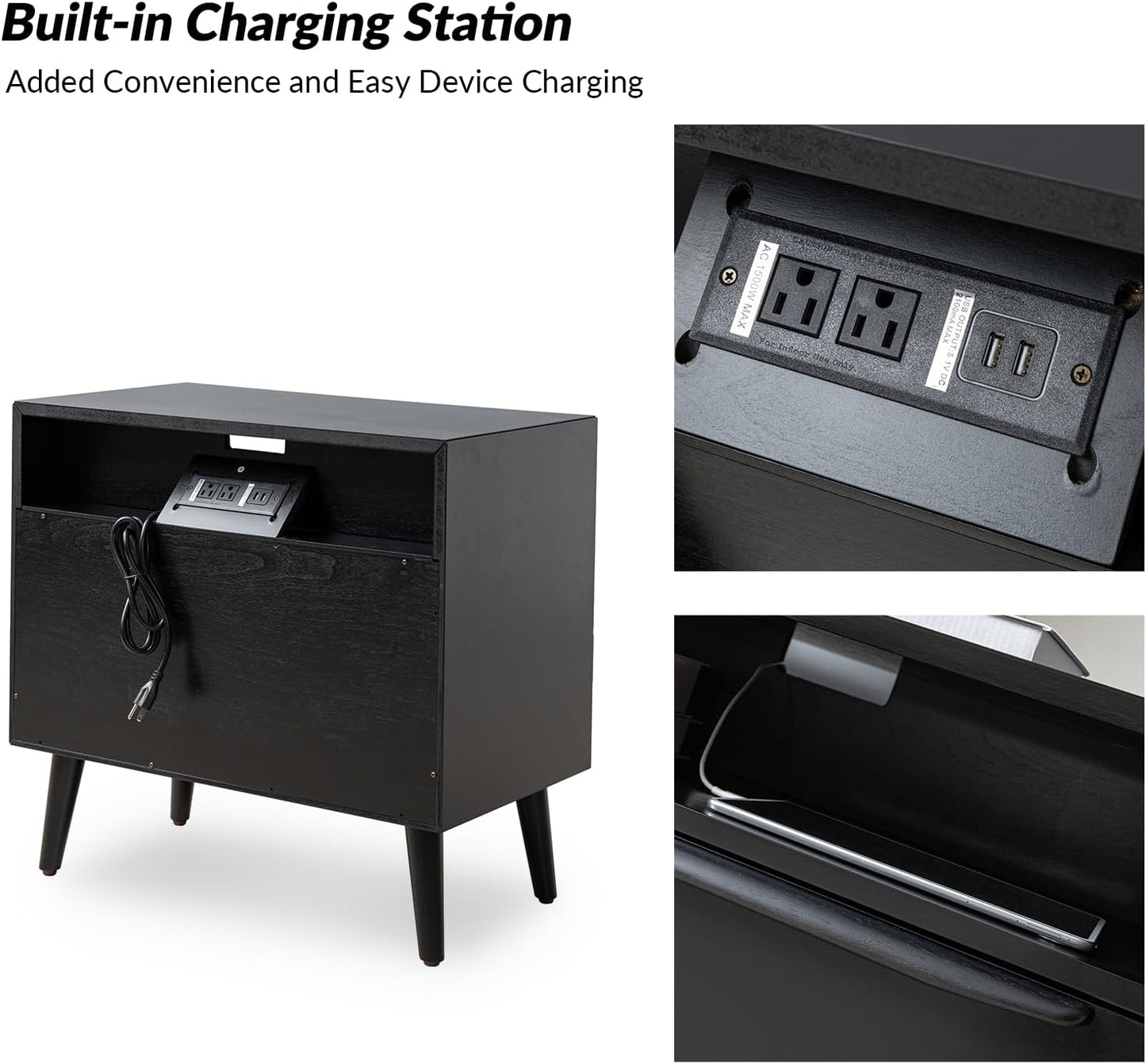 HULALA HOME Nightstand with Charging Station, Set of 2 Mid-Century Modern 2 Drawer and Open Shelf Dresser for Bedroom, Fluted Bedside Table, Black