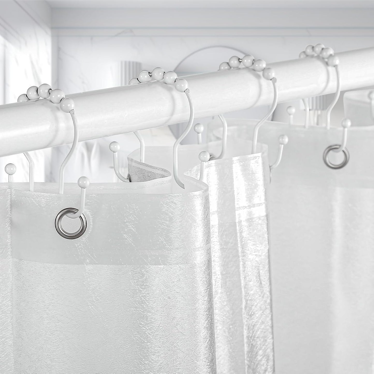 Goowin Shower Curtain Hooks, 12 Pcs Shower Curtain Rings, Stainless Steel Shower Curtain Hooks Rings Rust Proof, Smooth Sliding Anti-Drop Double Shower Hooks for Shower Curtain, Rods (White)