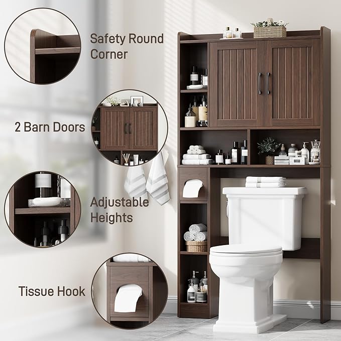 Over The Toilet Storage Cabinet, Farmhouse Storage Cabinet Over Toilet with Barn Door，Home Space-Saving Toilet Rack, for Bathroom, Restroom, Laundry