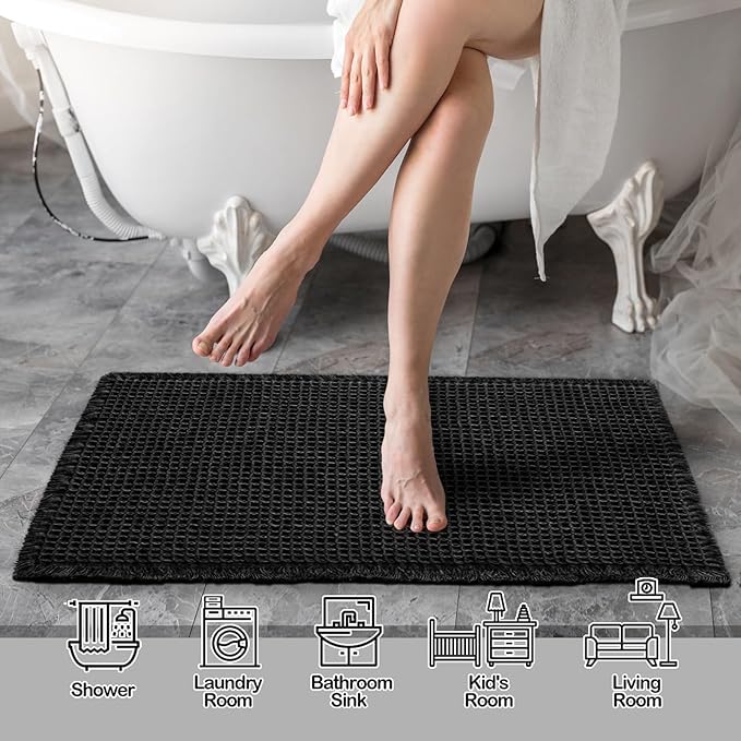 ZALL Waffle Bath Mat Black Super Absorbent Non Slip Bathroom Rug,Rhombus Geometric 24x36inch,Machine Washable Ultra Soft Floor Mats