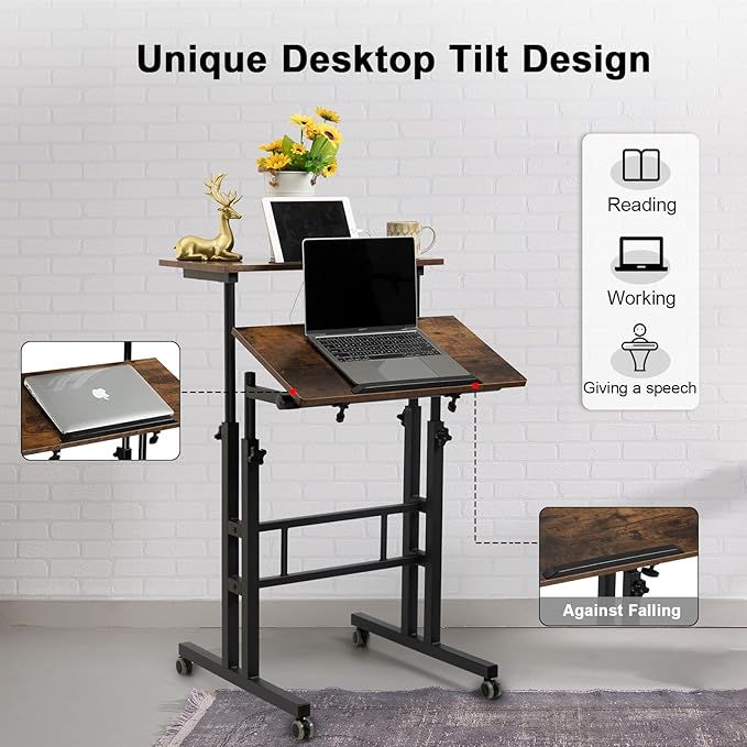 Hadulcet Mobile Standing Desk with Charging Station, Adjustable Standing Computer Desk, Standing Adjustable Laptop Cart with Wheels for Home Office Classroom Rustic Brown