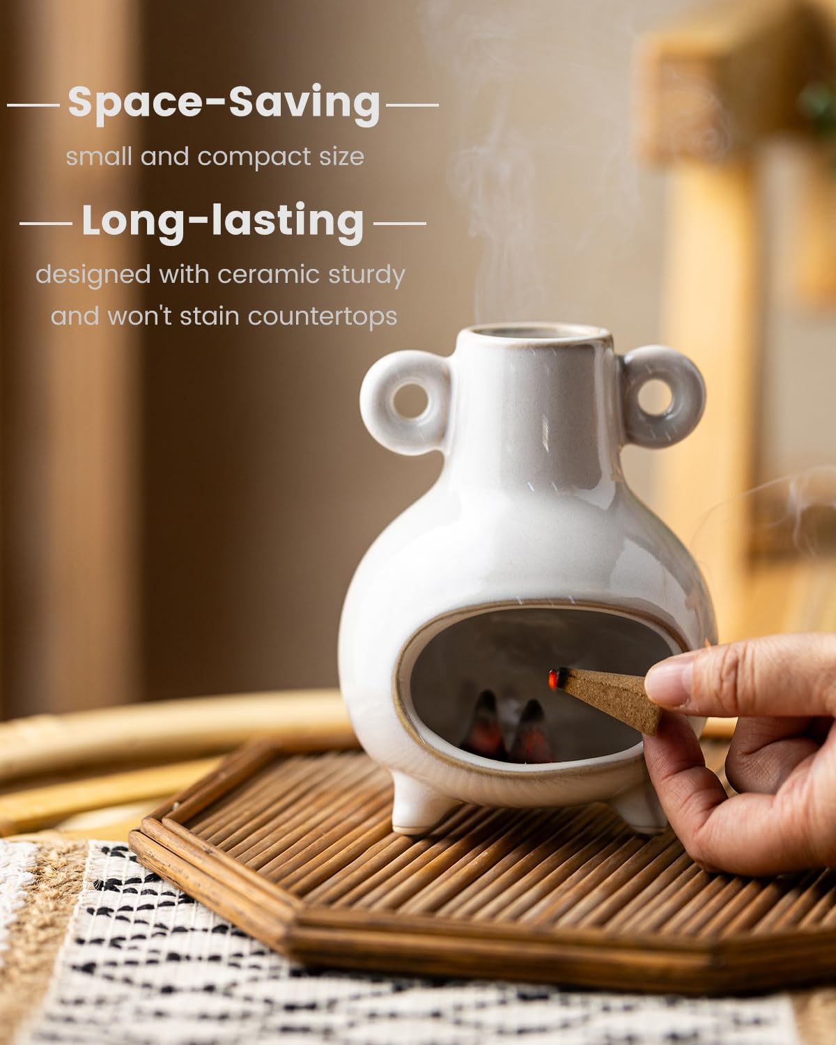 Mini Palo Santo Holder Burner, Ceramic Incense Holder for Sticks Sage Bundles Cone Incense, Chimenea Incense Dish for Yoga Meditation Home Decor, White