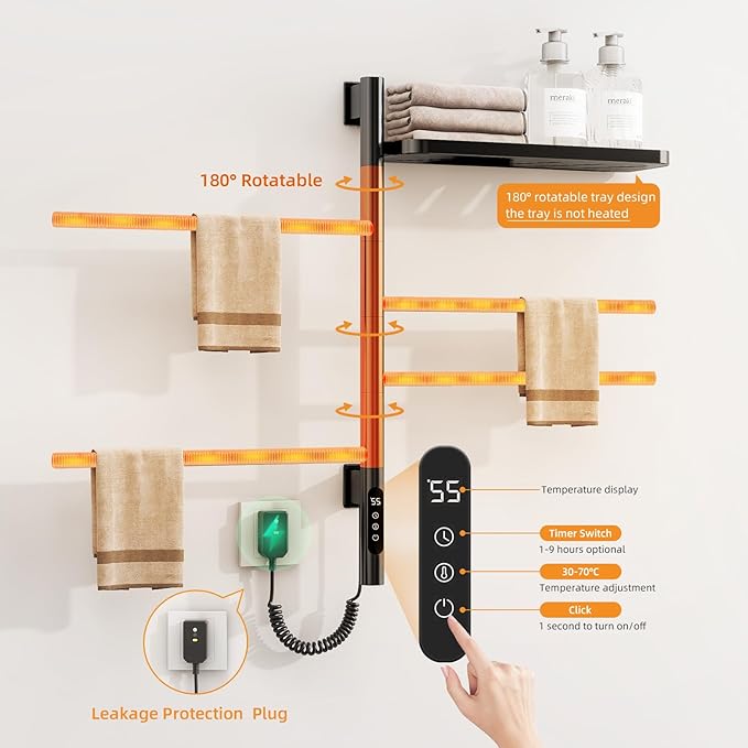 Swivel Heated Towel Rack, Wall Mounted Electric Towel Warmer Rack for Bathroom, 4 Round Bars Swivelable Towel Dryer with Tray, Towel Heater with Built-in Timer, for bathroom, Salons & Spas (G64 Black)