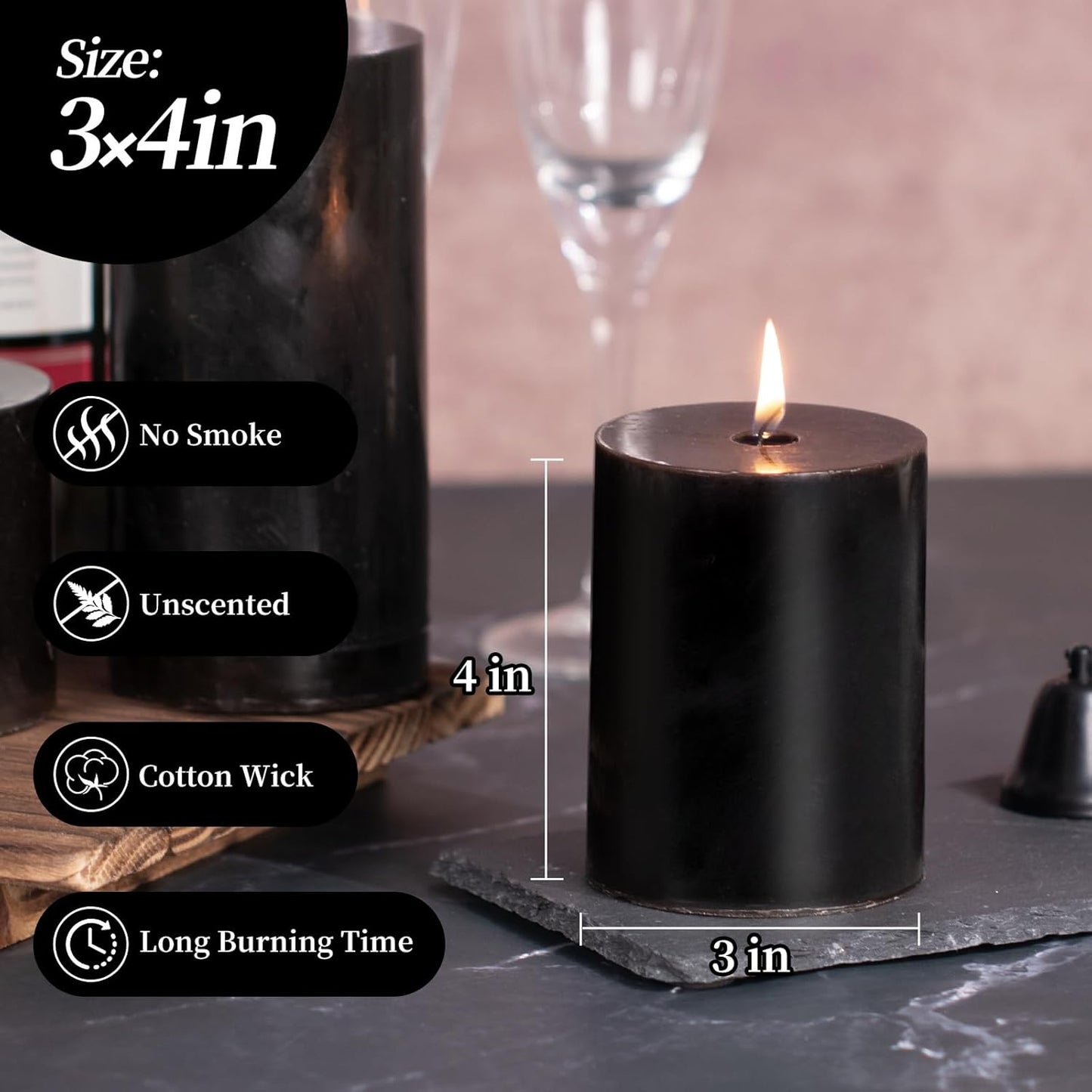 KONNI Black Pillar Candles Set of 3, 3"x 4" Unscented Pillar Candles Bulk, 39 Hours Long Burning Candles, Smokeless&Dripless Large Round Candle for Wedding, Home Decoration, Parties, Spas, Dinner