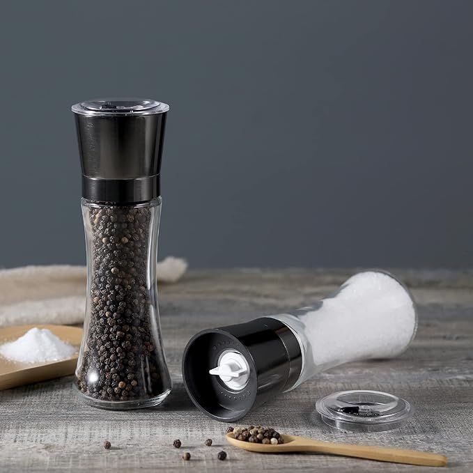 VEVOK CHEF Salt and Pepper Grinder Set Stainless Steel Black Salt and Pepper Mill with Adjustable Coarseness Salt Shaker Set Spice Grinder Black Pepper Grinder Refillable Home Kitchen