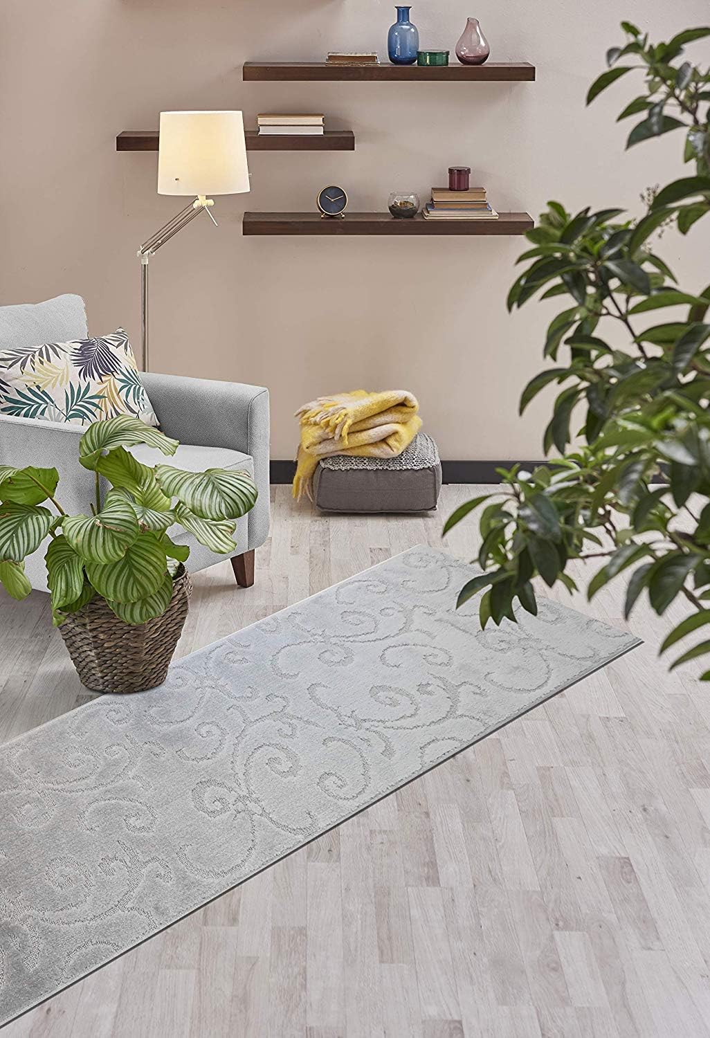 Custom Length Hallway Runner Rug,Slip Resistant,Scroll Light Silver, 26 Inch X 34 feet, Sold and Priced Per Foot