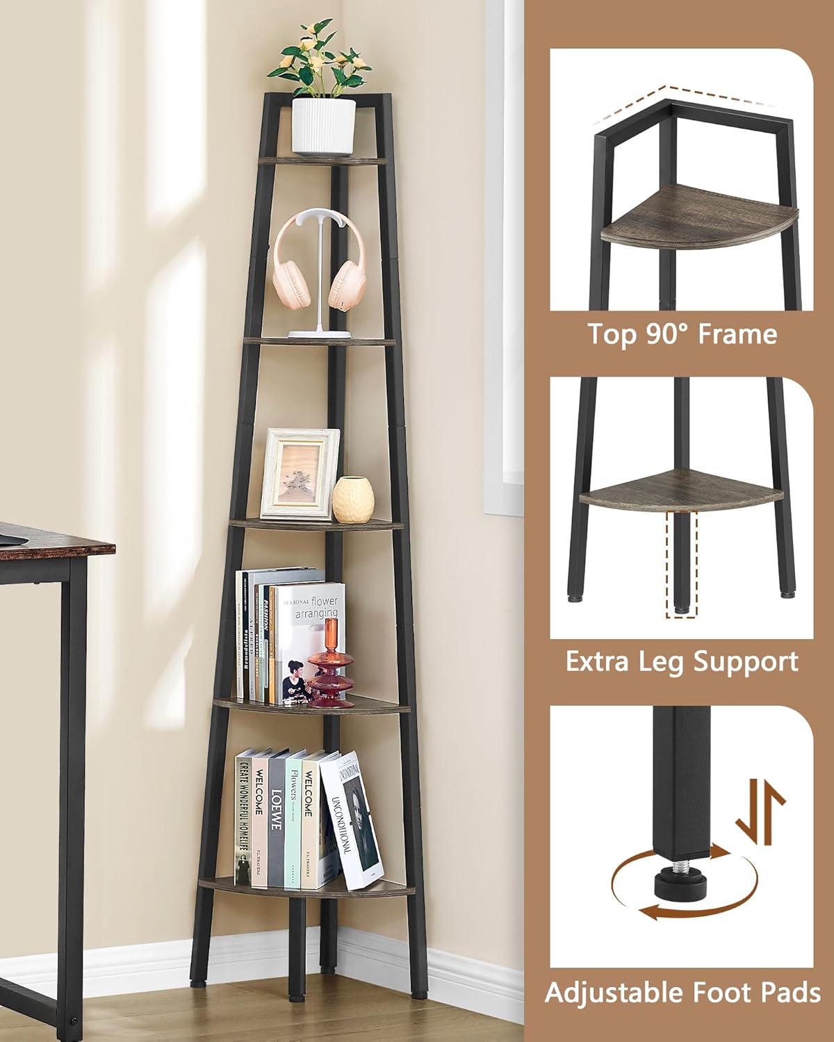 Hoctieon Corner Shelf, 5-Tier Corner Bookshelf, Rustic Ladder Shelf, Industrial Display Stand for Living Room, Kitchen, Home Office, Balcony, Small Space, Metal Frame, Grey