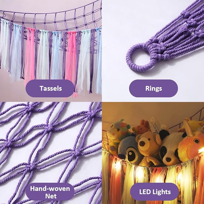 Stuffed Animal Toys Hammock with LED Light, Stuffed Doll Hanging Corner Holder for Home Storage, Large Hanging Net -Display Teddies for Bedroom, Purple Decor Organizer