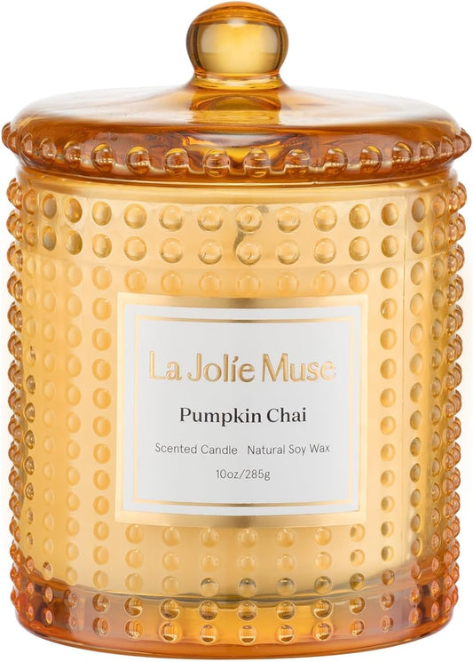LA JOLIE MUSE Fall Candles – Pumpkin Candle with Spicy Chai & Vanilla | 10 oz Soy Wax Candle | 55 Hours Clean Burn | Autumn Home Décor & Hosting Gift