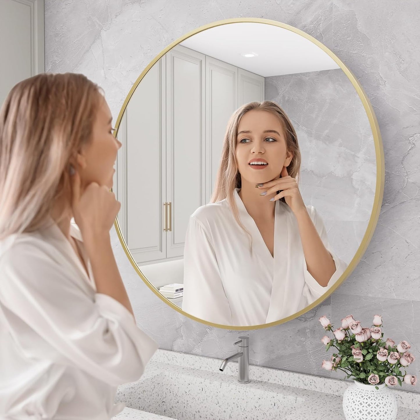 HOMECOOKIN Bathroom Gold Mirror Medicine Cabinet, 28 Inch Wall Mounted Aluminum Alloy Metal Framed with Storage