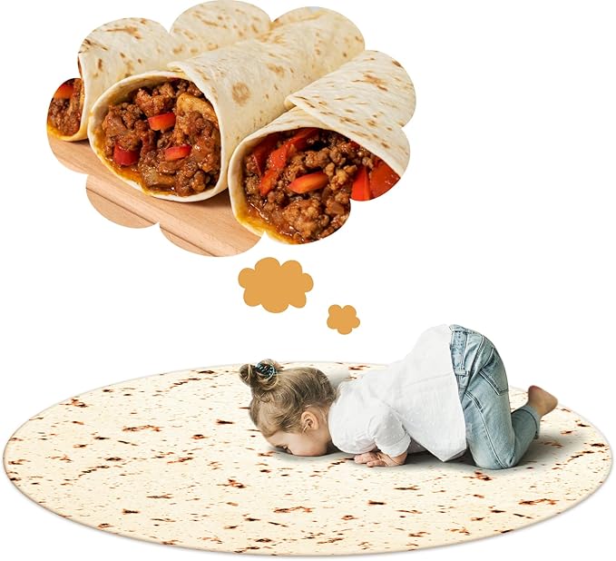 Vessia Burritos Tortilla Throw Blanket (Beige, 71 inches), Giant Realistic Funny Food Blanket for Adults and Teenagers, Novelty Double Sided Round Tortilla Wrap Home Decor for All Seasons