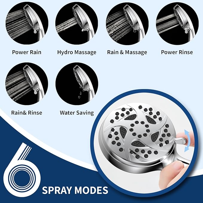 Hand Held Shower Head, High Pressure 6 Spray Mode Handheld Showerhead, Chrome Shower Head with 59 Inch Stainless Steel Hose and Adjustable Bracket