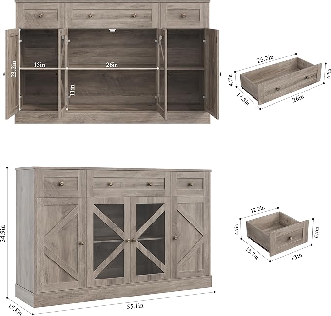 Keyluv Buffet Sideboard 55" Large Storage Cabinet 4 Doors and 3 Drawers, Farmhouse Wooden Coffee Bar Space-Saved Cupboard Furniture for Dining Room, Kitchen, Living Room, Grey Brown
