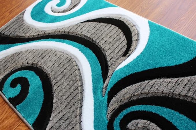 Masada Rugs, Sophia Collection Hand Carved Area Rug Modern Contemporary Turquoise White Grey Black (2 Feet X 7 Feet 3 Inch) Runner