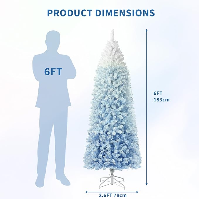 GarveeHome 7.5ft Snow Flocked Pencil Christmas Tree, Slim Artificial Christmas Tree with Sturdy Metal Stand, Skinny Xmas Tree Holiday Decoration for Home, Office, Blue Gradient