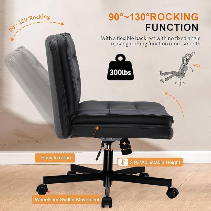 COMHOMA Cross Legged Office Chair with Wheels Armless Office Desk Chair, Modern Vanity Computer Task Chairs for Home Bedroom, Comfortable Wide Seat for Lower Back Pain Relief, PU Leahter, Black