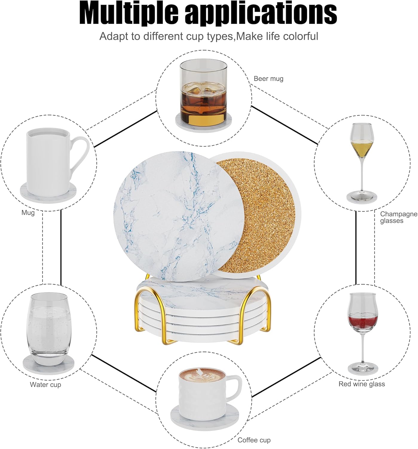 Coasters for Drinks Set of 4, Absorbent Ivory Marble Style with Metal Golden Holder, Ceramic Coaster Set Cup Mat for Home Decor, Bar, Kitchen, Party