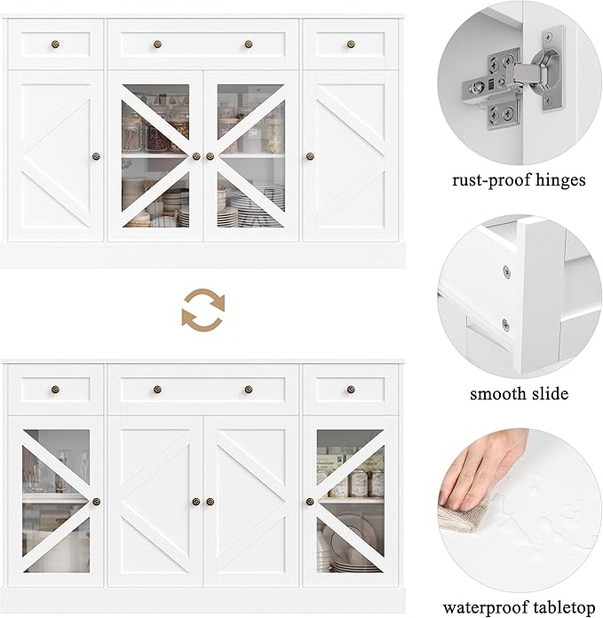 Keyluv Buffet Sideboard 55" Large Storage Cabinet 4 Doors and 3 Drawers, Farmhouse Wooden Coffee Bar Space-Saved Cupboard Furniture for Dining Room, Kitchen, Living Room, White