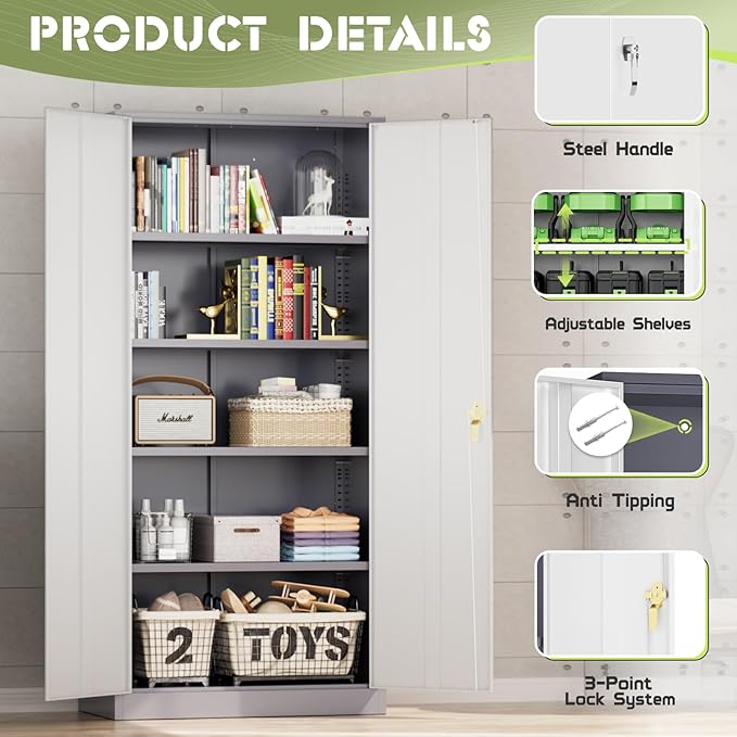 SUNCROWN 72" Metal Storage Cabinet - Heavy-Duty Metal Garage Cabinet with 4 Adjustable Shelves & 2 Doors for Tools, Office, Home, Workshop,Grey & White-Small