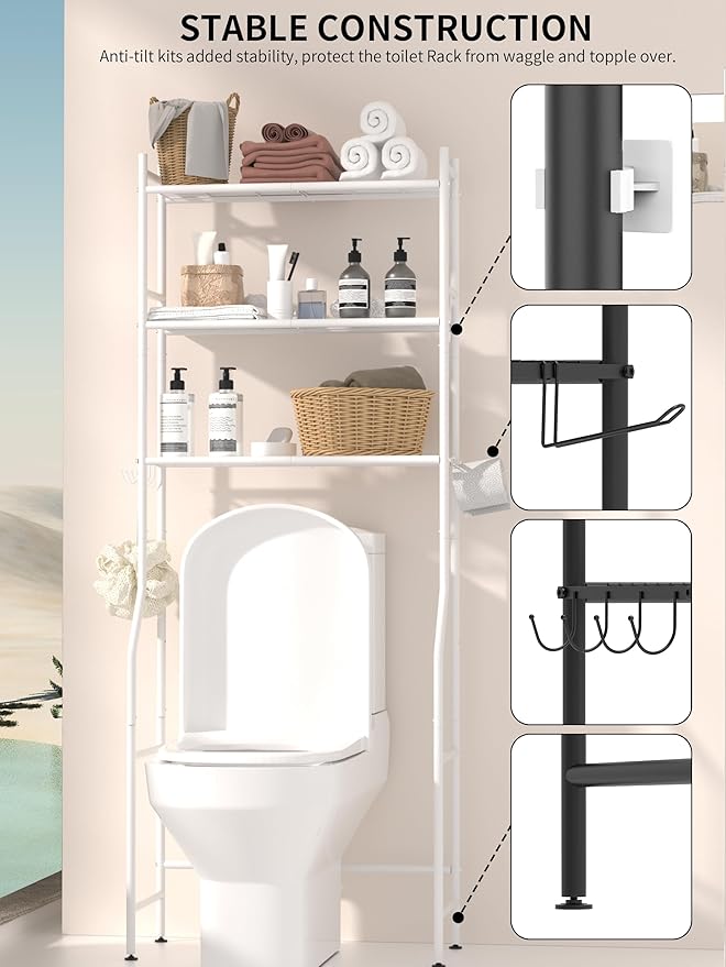 3-Tier Over The Toilet Storage, Space Saver Metal Bathroom Shelves, Freestanding Above Over Toilet Storage Shelf with 4 Hooks for Bathroom, White