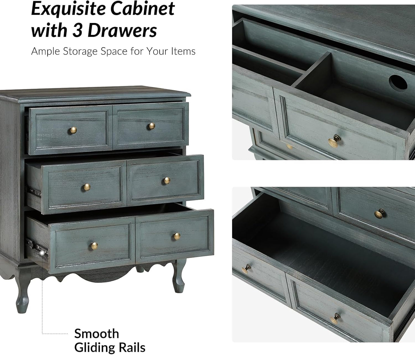 HULALA HOME 3-Drawer Nightstand with Charging Station, Farmhouse Solid Wood Nightstand Set of 2(Blue)