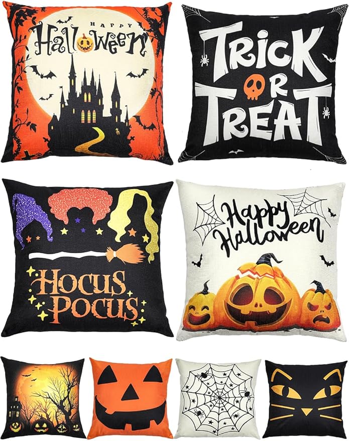 Halloween Decorations Set Of 4 Double-Sided Print Pillow Covers 18" x 18", with 8 Cute Halloween Decor Patterns, Elegant Invisible Zipper, Soft Linen Throw Pillow Covers for Outdoor & Indoor Use