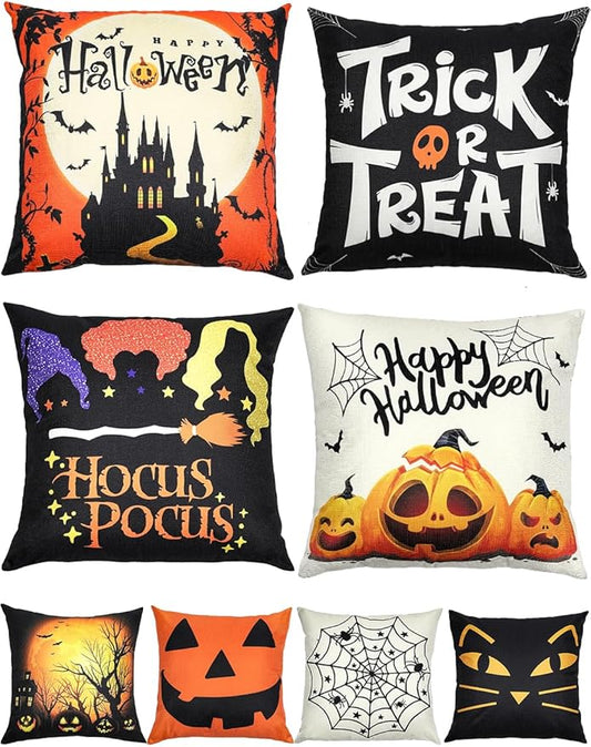 Halloween Decorations Set Of 4 Double-Sided Print Pillow Covers 18" x 18", with 8 Cute Halloween Decor Patterns, Elegant Invisible Zipper, Soft Linen Throw Pillow Covers for Outdoor & Indoor Use