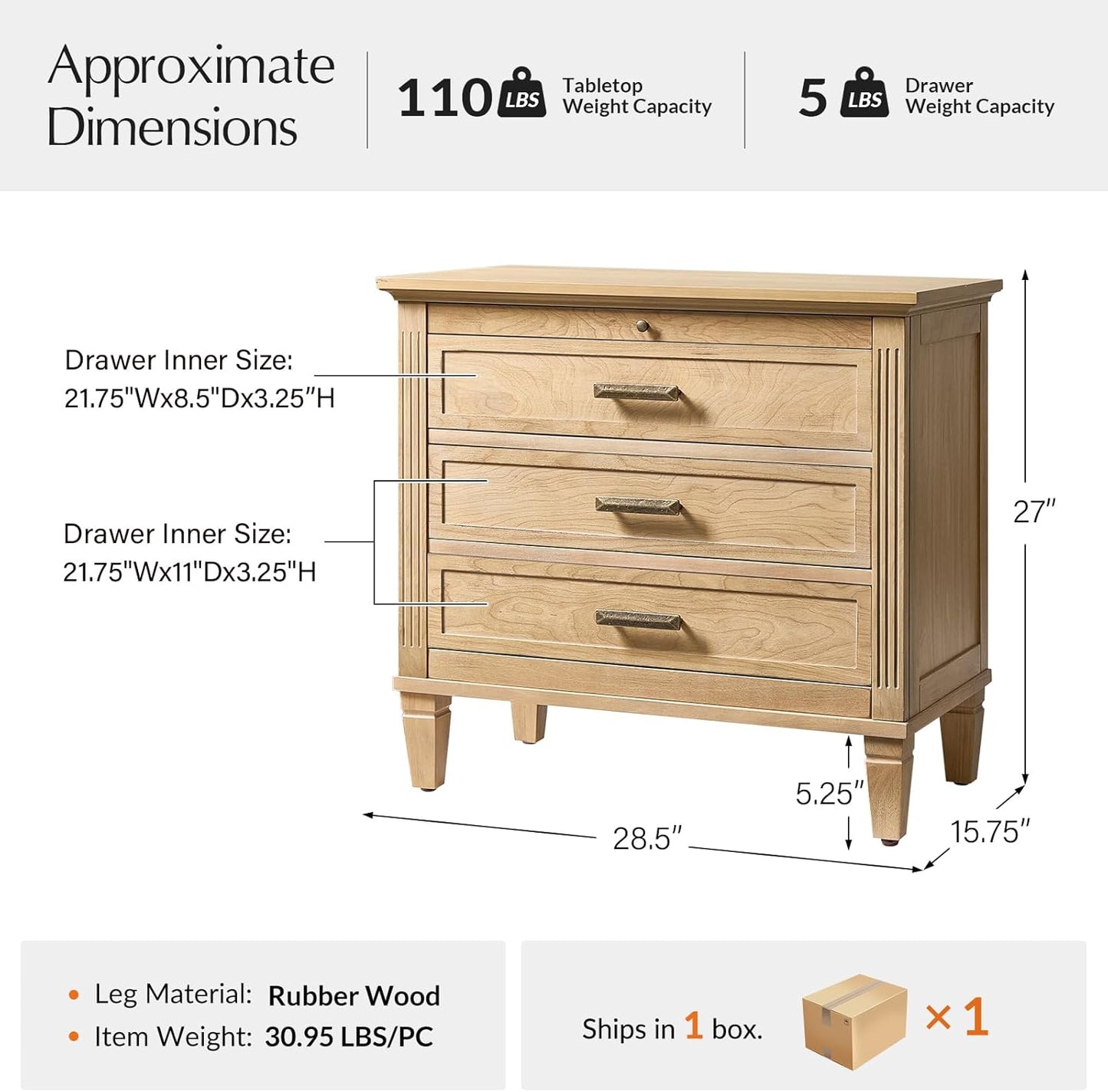 HULALA HOME Farmhouse Nightstand with Charging Station, Pull-Out Tray, 3 Drawers Nightstand with Solid Wood Legs, Wood Veneer Bedside Table with Open Shelf, Natural