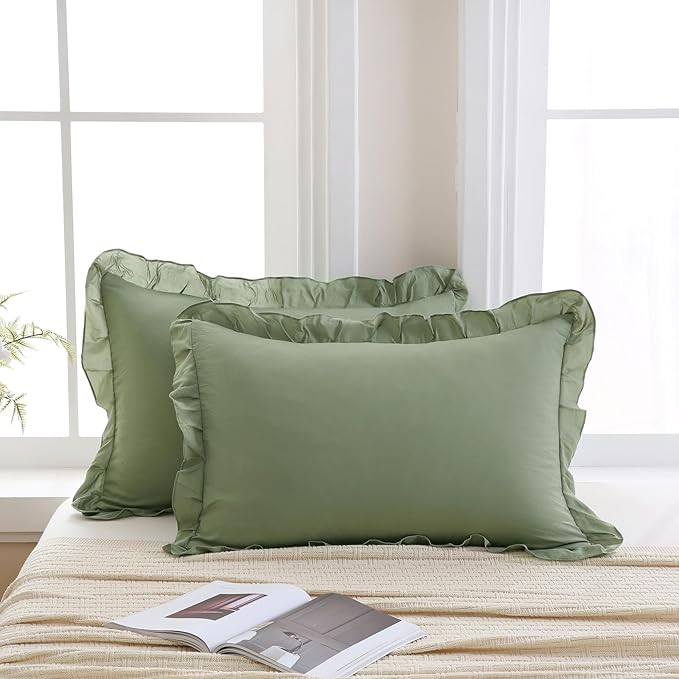 Merryword Avocado Green Pillowcases King Size Ruffled Pillow Shams Set of 2 Cute Pillowcases Solid Green Shabby Chic Pillow Cover 2 Pack