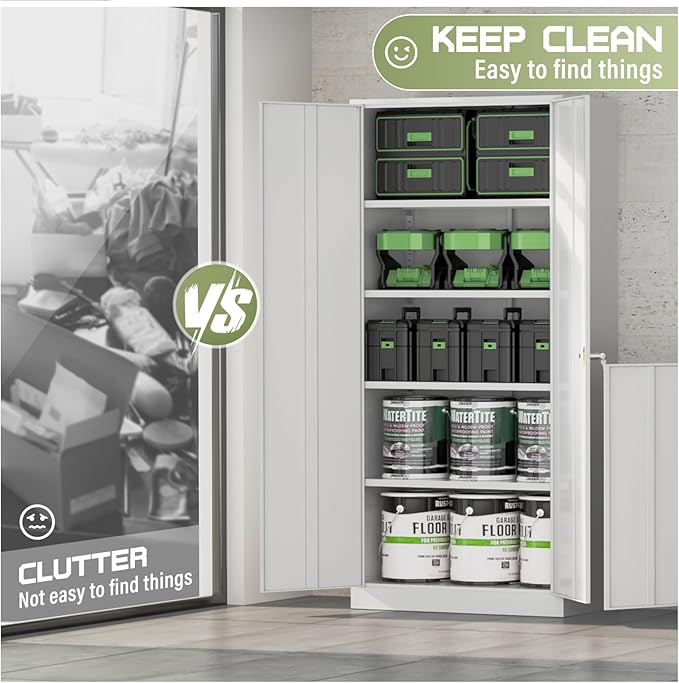 SUNCROWN 72" Metal Storage Cabinet - Heavy-Duty Metal Garage Cabinet with 4 Adjustable Shelves & 2 Doors for Tools, Office, Home, Workshop,White